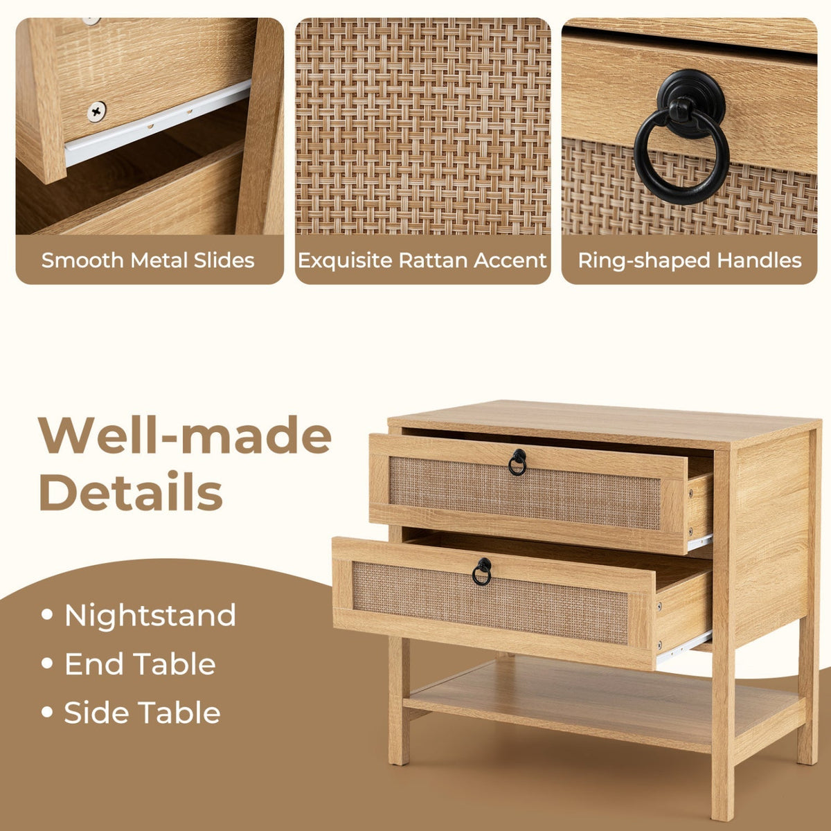 Rattan Nightstand with 2 Drawers and Open Shelf 16