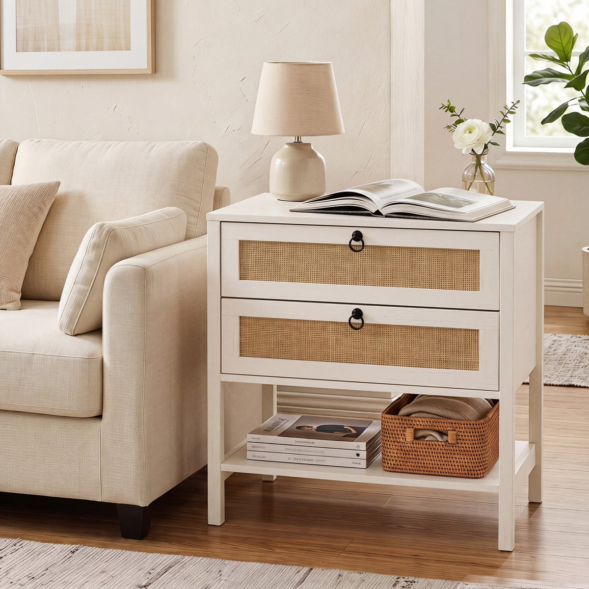 Rattan Nightstand with 2 Drawers and Open Shelf 17