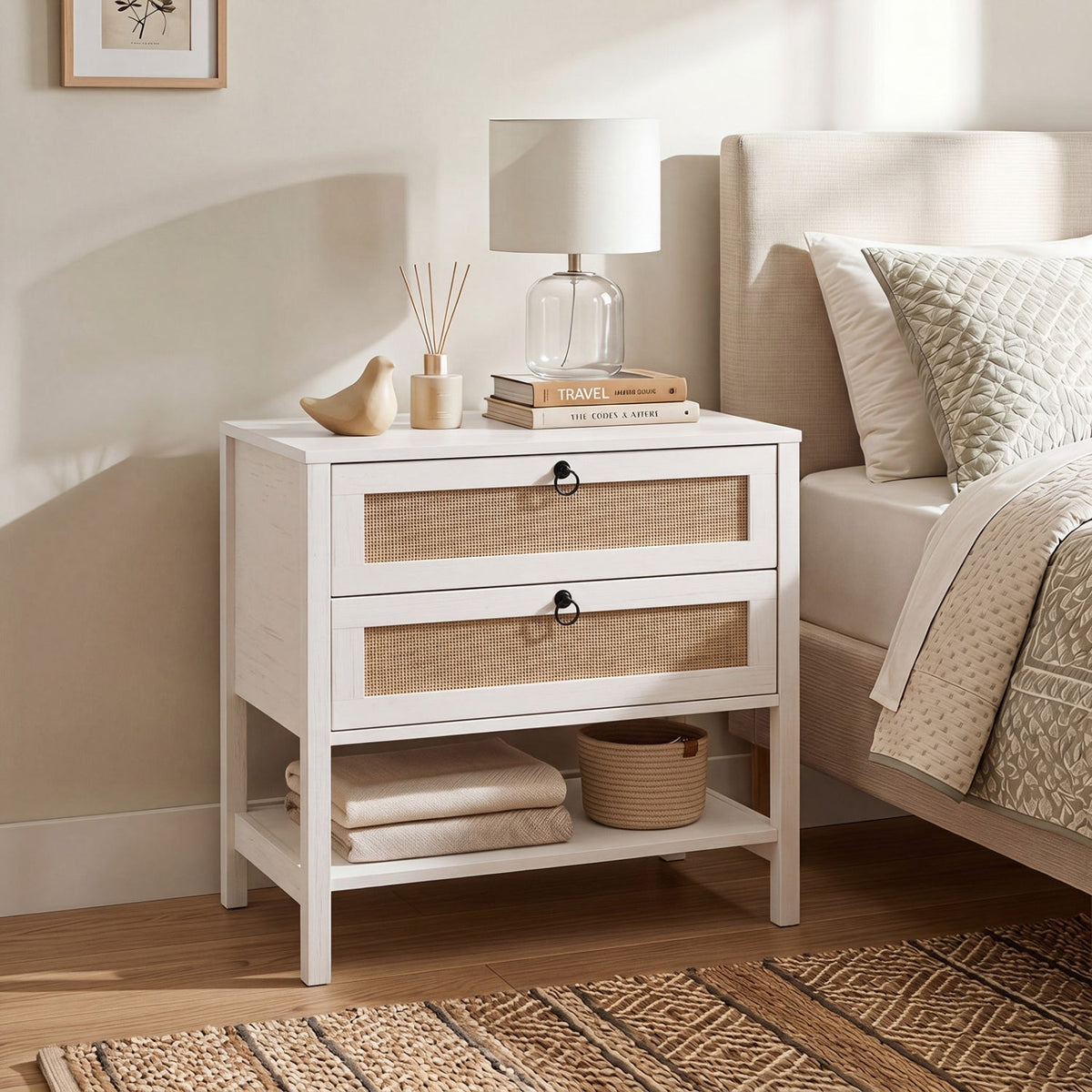Rattan Nightstand with 2 Drawers and Open Shelf 18