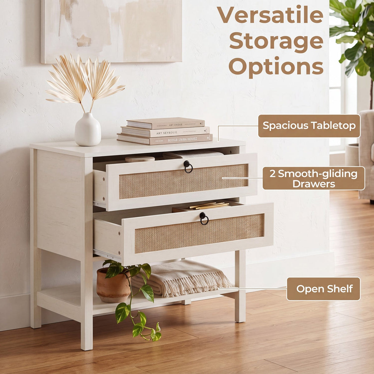 Rattan Nightstand with 2 Drawers and Open Shelf 22