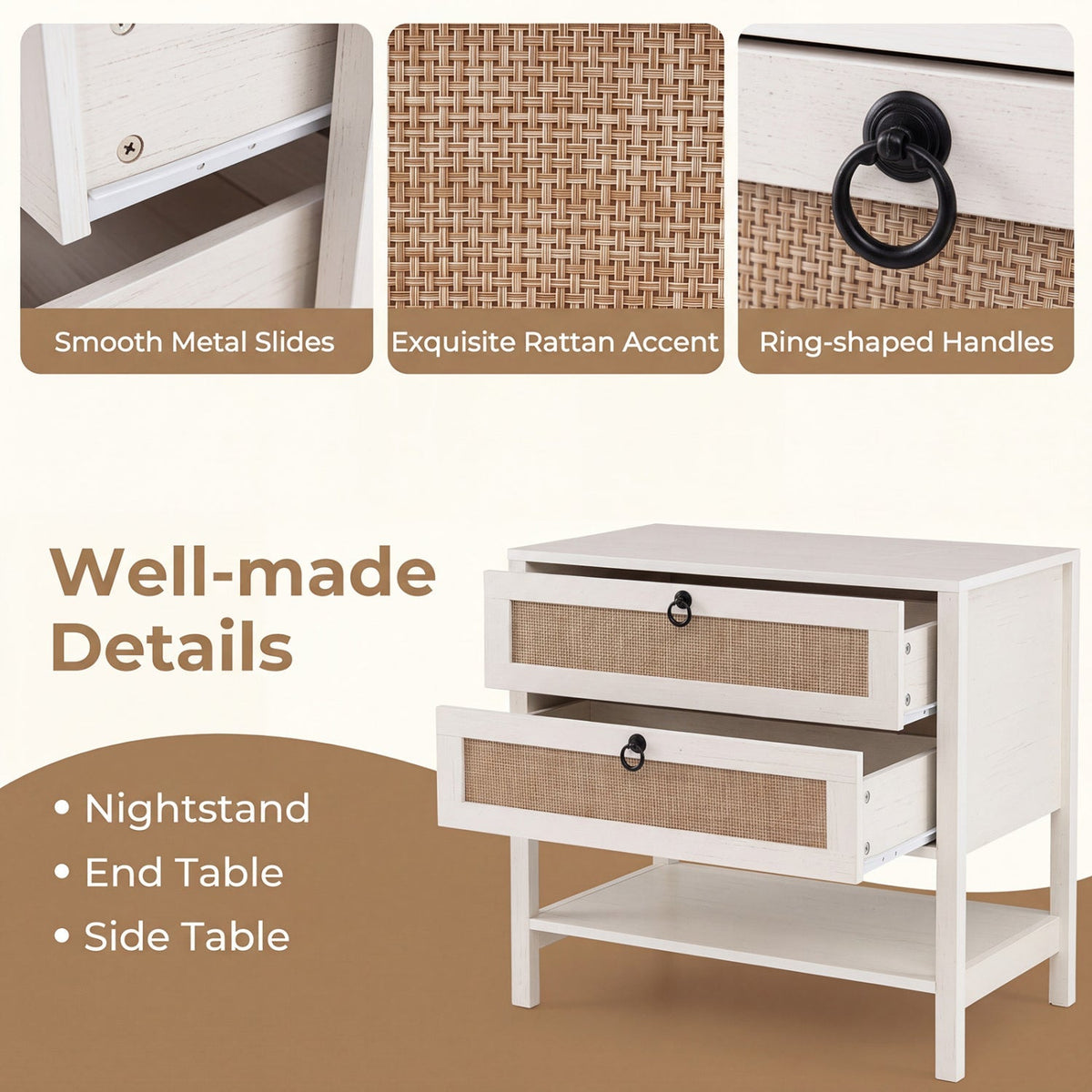 Rattan Nightstand with 2 Drawers and Open Shelf 24