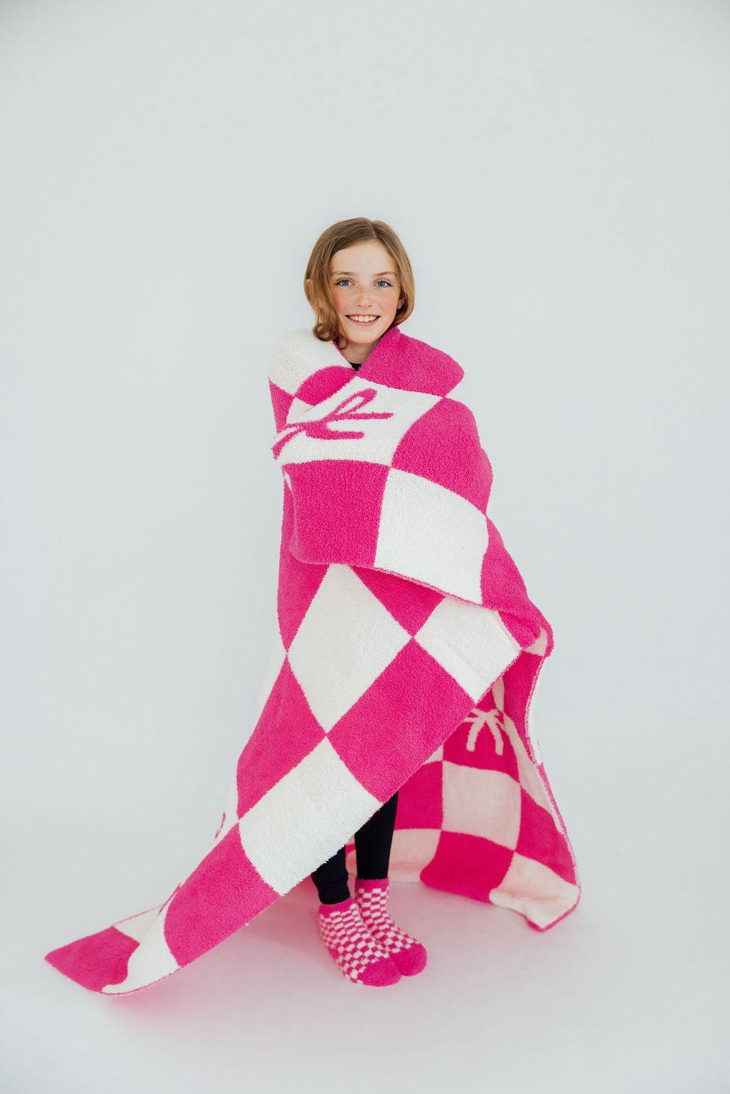 Bright Pink Checker Bow Cozy Blanket 2