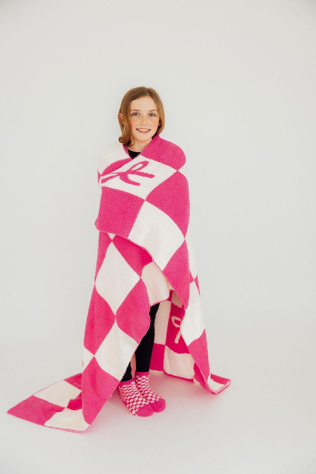 Bright Pink Checker Bow Cozy Blanket 4