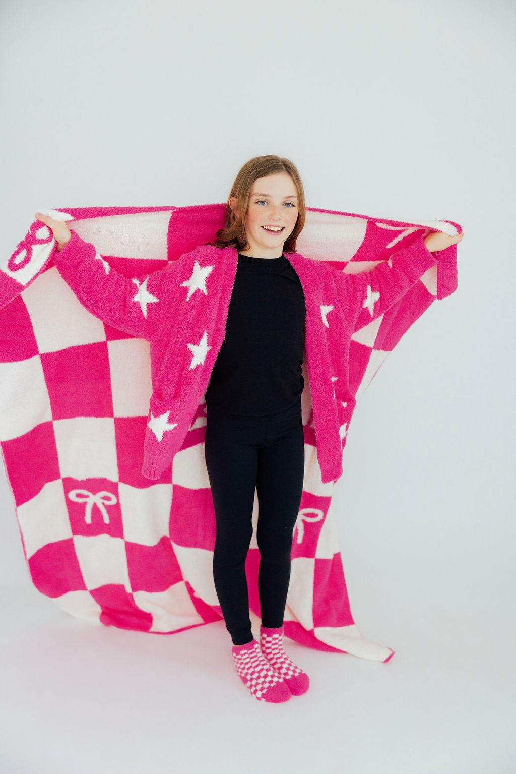 Bright Pink Checker Bow Cozy Blanket 1