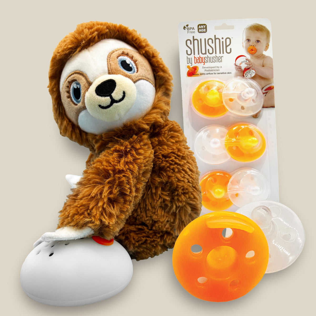 Shusher Sloth + 6-Pack Shushie™ Pacifiers – Soothing Bundle with Cuddly Cry Detection 2