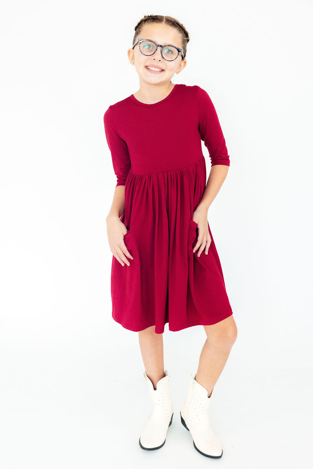 Burgundy 3/4 Sleeve Pocket Twirl Dress 2