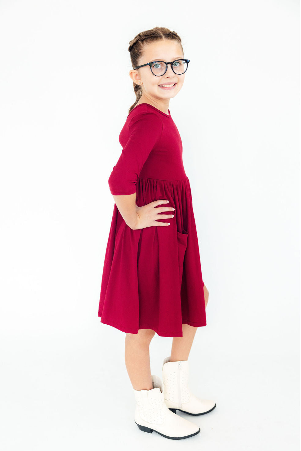 Burgundy 3/4 Sleeve Pocket Twirl Dress 3