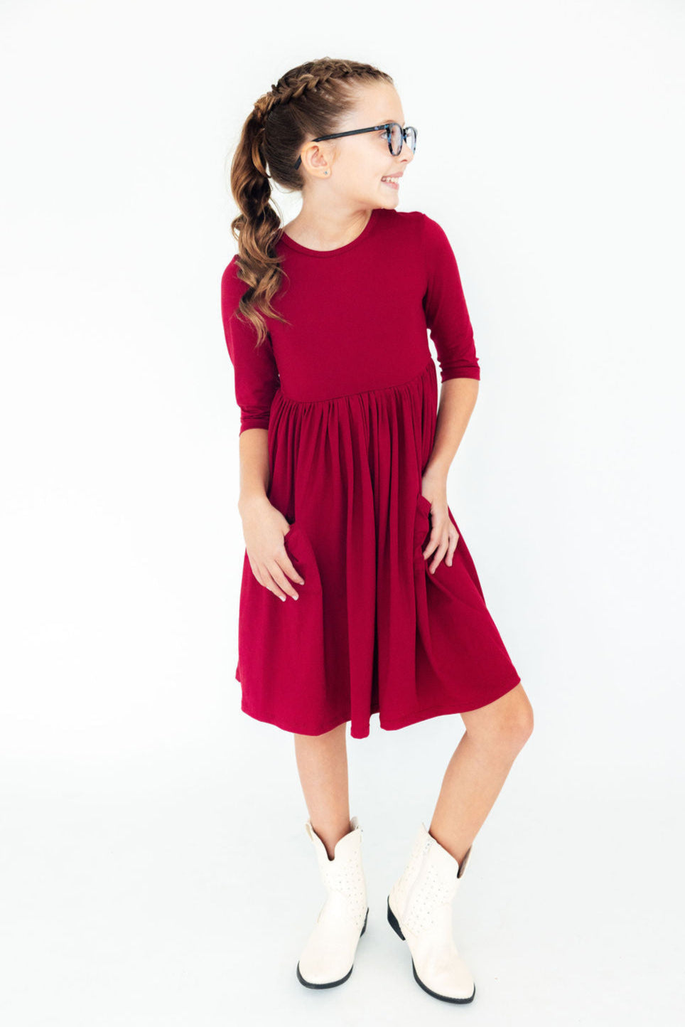 Burgundy 3/4 Sleeve Pocket Twirl Dress 1