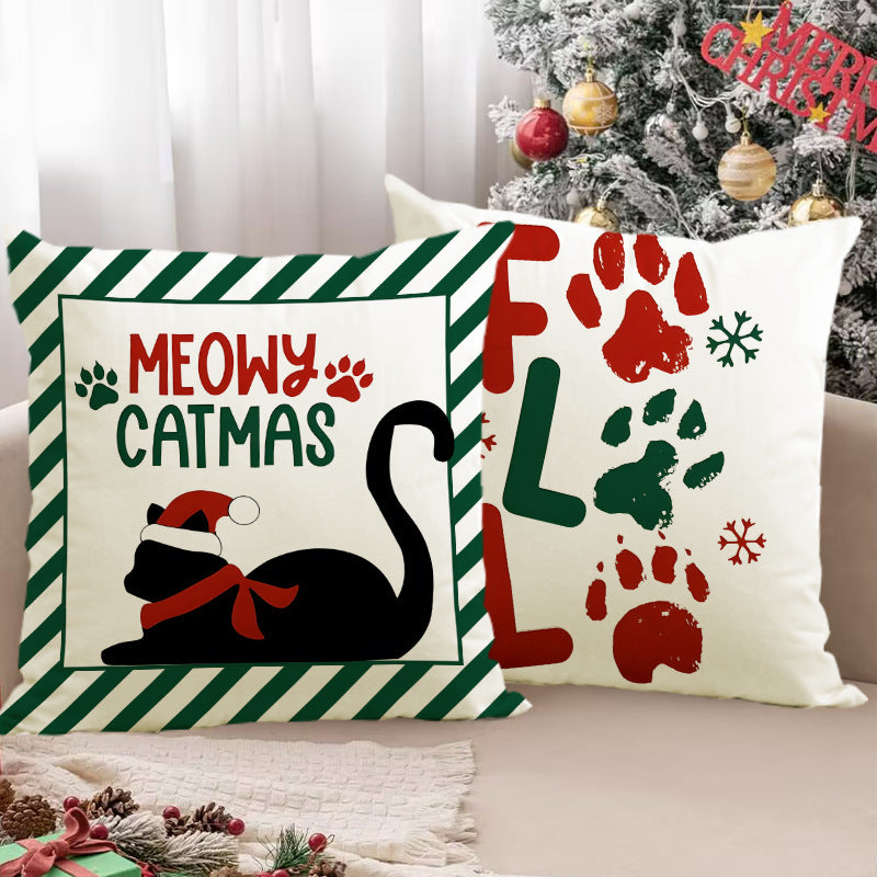 Christmas striped pillow cover linen black cat print pillowcase home holiday decoration cushion cover 4