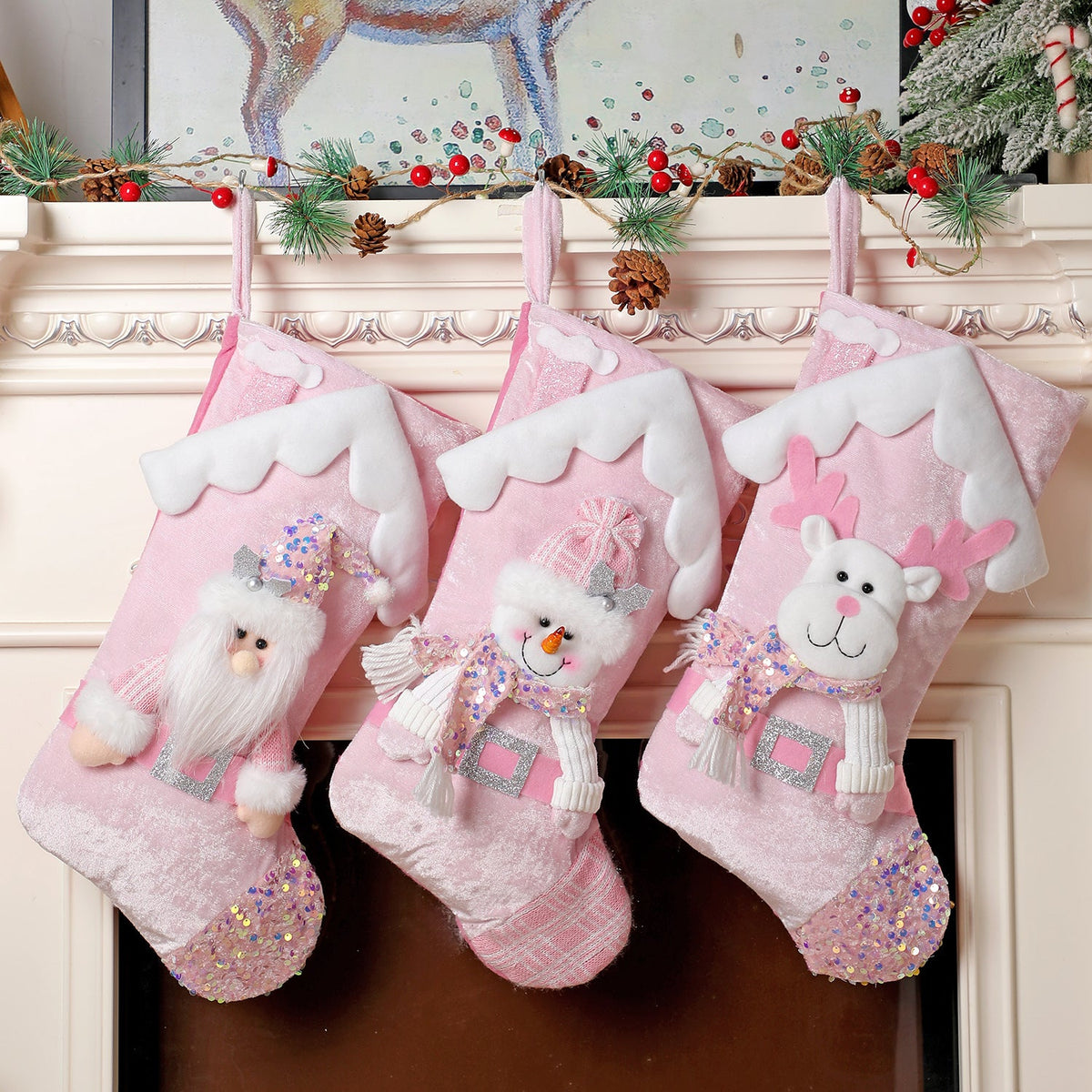 Christmas decoration, pink sequins, children's cartoon roof, Santa Claus, Christmas socks, gifts, decorative items 5