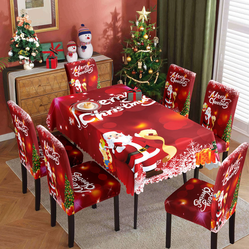 Christmas Waterproof Printed Tablecloth Restaurant Home Printed Chair Cover Christmas Tablecloth Chair Cover Decorative Set 2