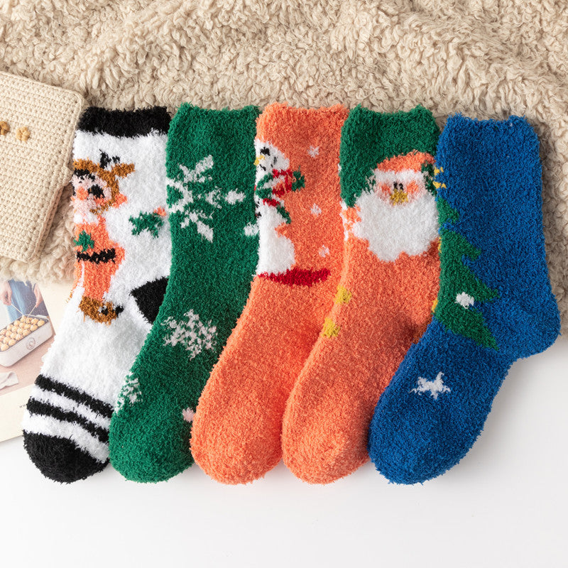 Christmas orange socks for children, winter thick INS trendy warm home socks, coral fleece flooring 5