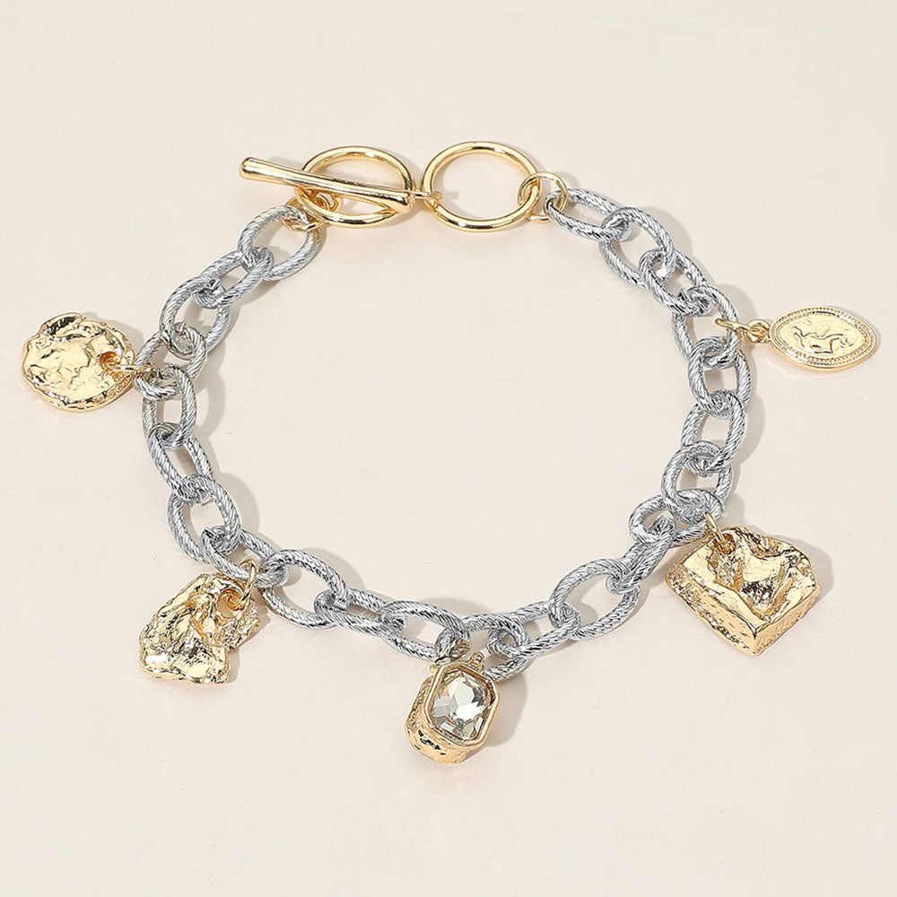 Geometric Textured Charm Station Chunky Chain Toggle Bracelet 1