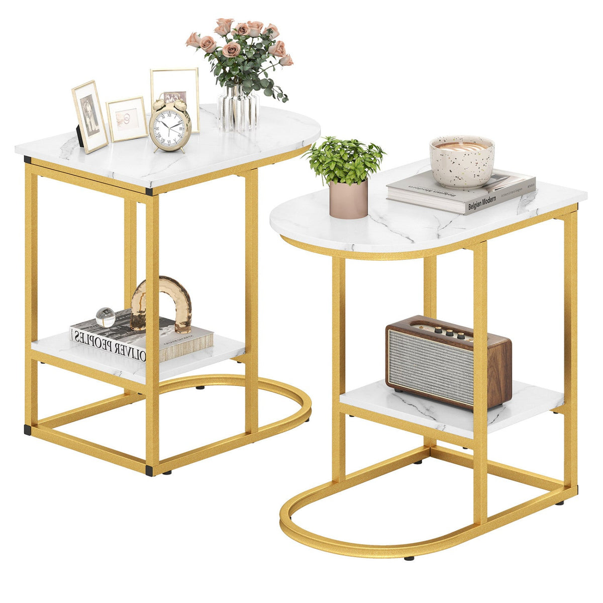 C-Shaped Side Table with Faux Marble Top and Storage Shelf 3