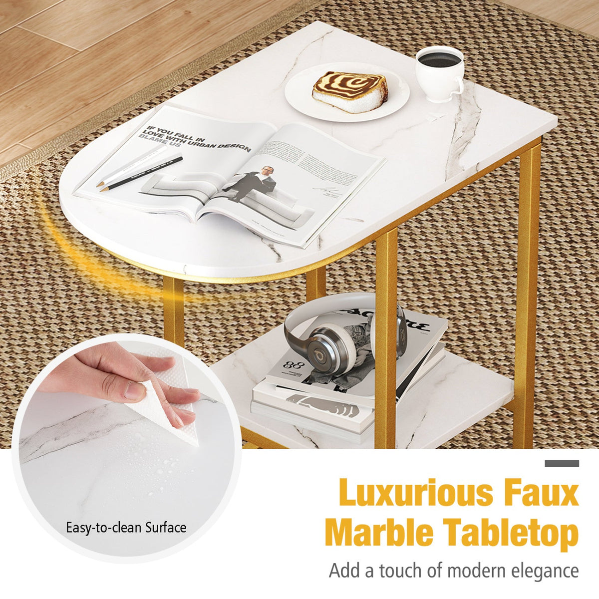 C-Shaped Side Table with Faux Marble Top and Storage Shelf 5