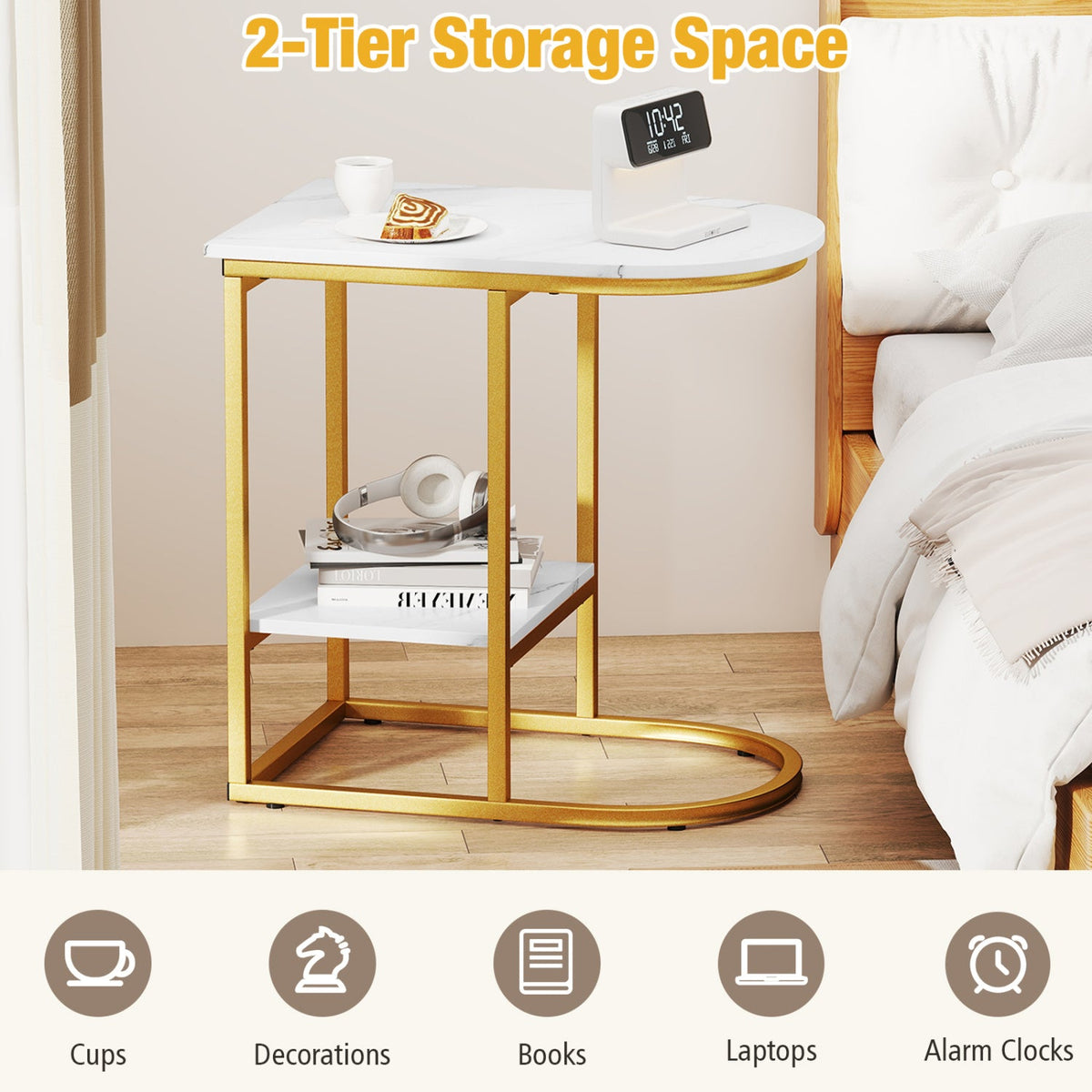 C-Shaped Side Table with Faux Marble Top and Storage Shelf 6