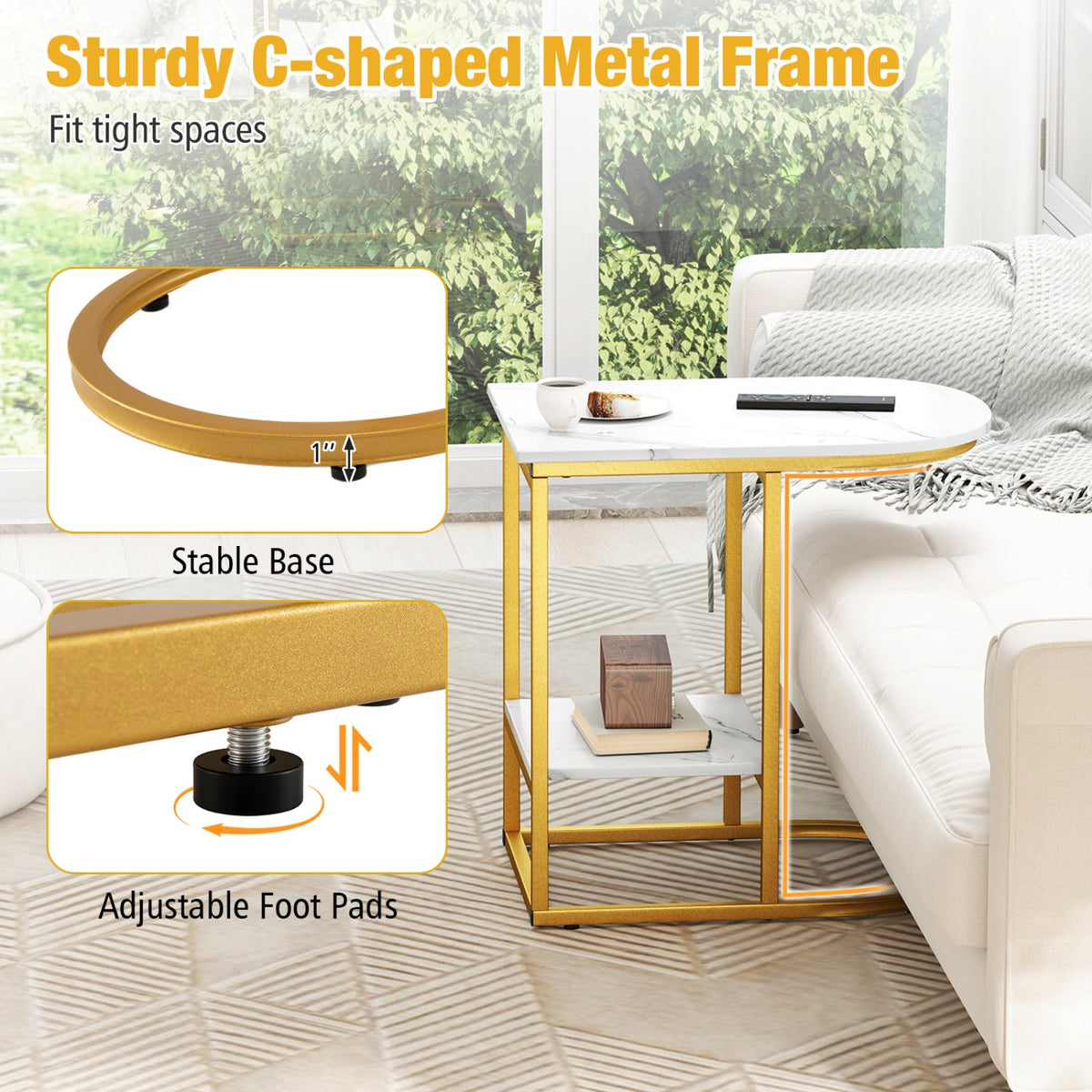 C-Shaped Side Table with Faux Marble Top and Storage Shelf 7