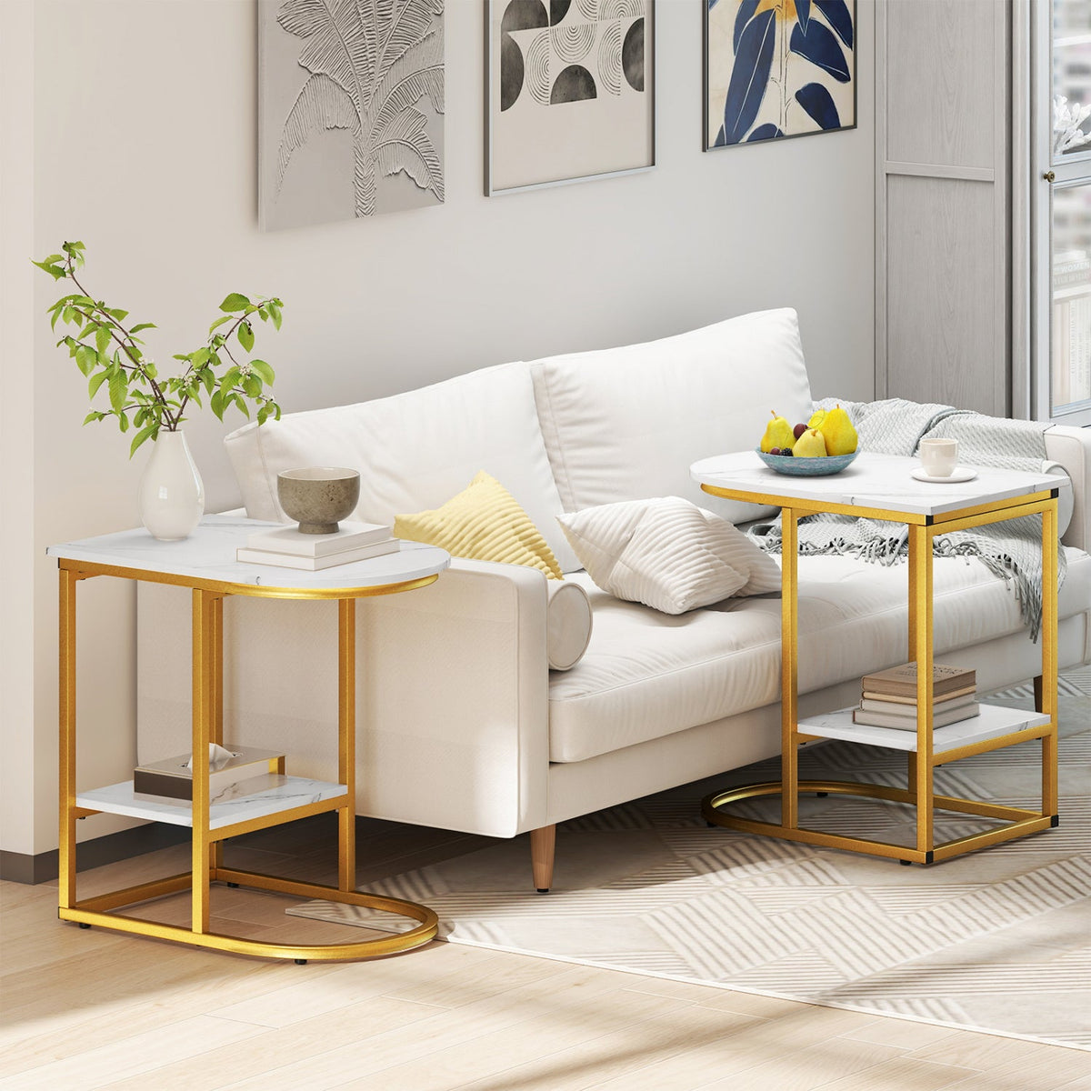 C-Shaped Side Table with Faux Marble Top and Storage Shelf 1