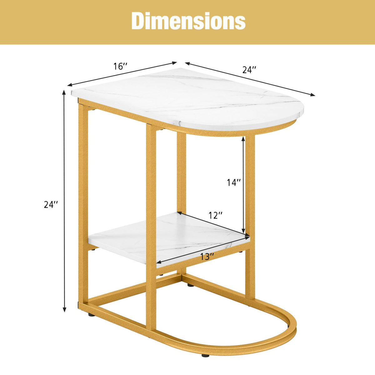 C-Shaped Side Table with Faux Marble Top and Storage Shelf 4