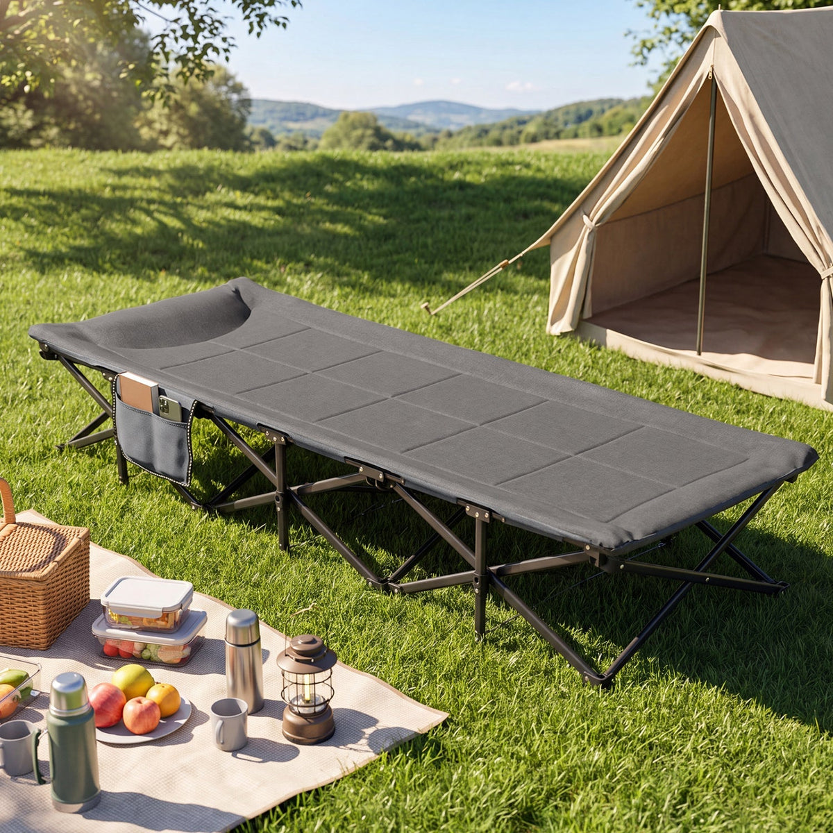 Camping Cot with Padded Pillow and Storage Pouch - Gray 1