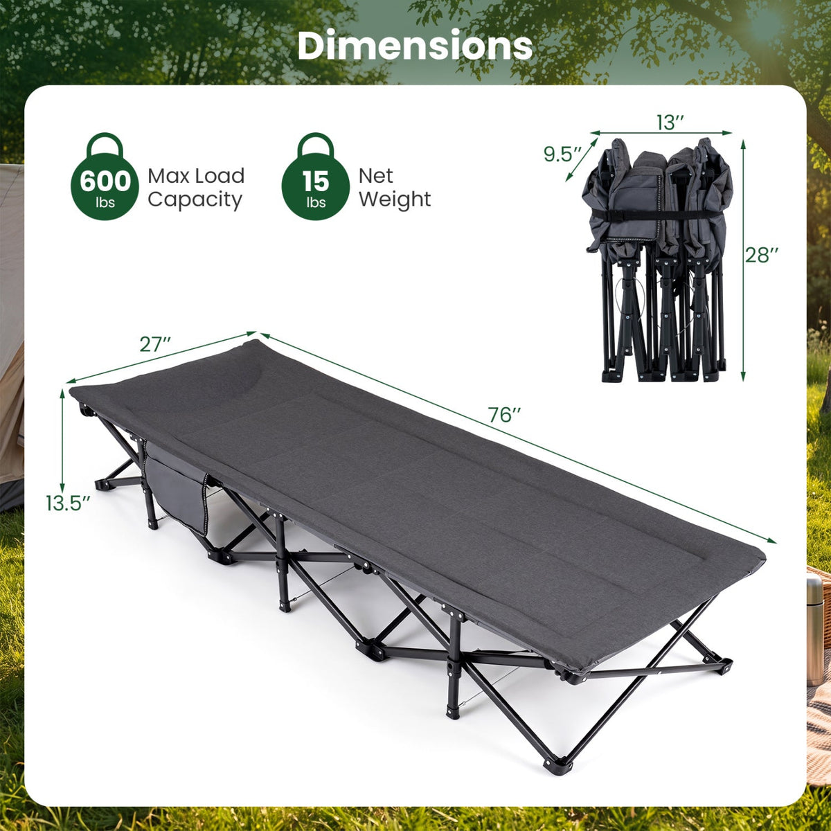 Camping Cot with Padded Pillow and Storage Pouch - Gray 4