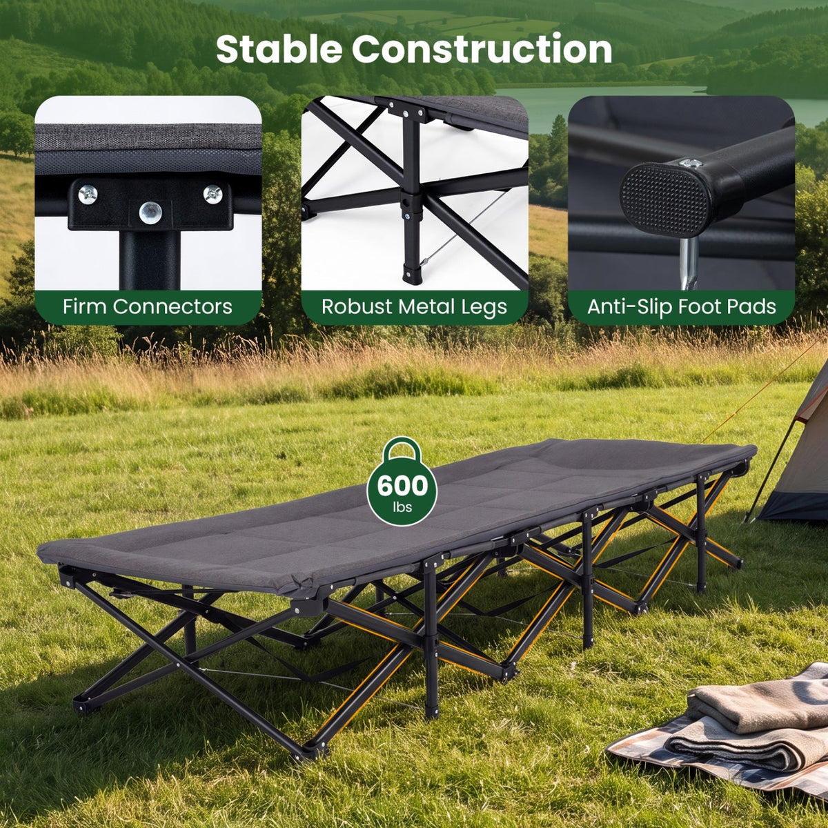 Camping Cot with Padded Pillow and Storage Pouch - Gray 7