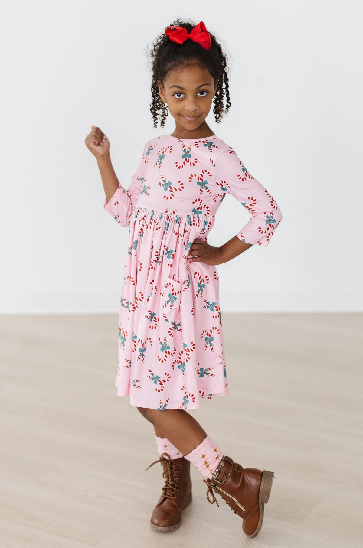 Candy Cane Cutie 3/4 Sleeve Pocket Twirl Dress 4