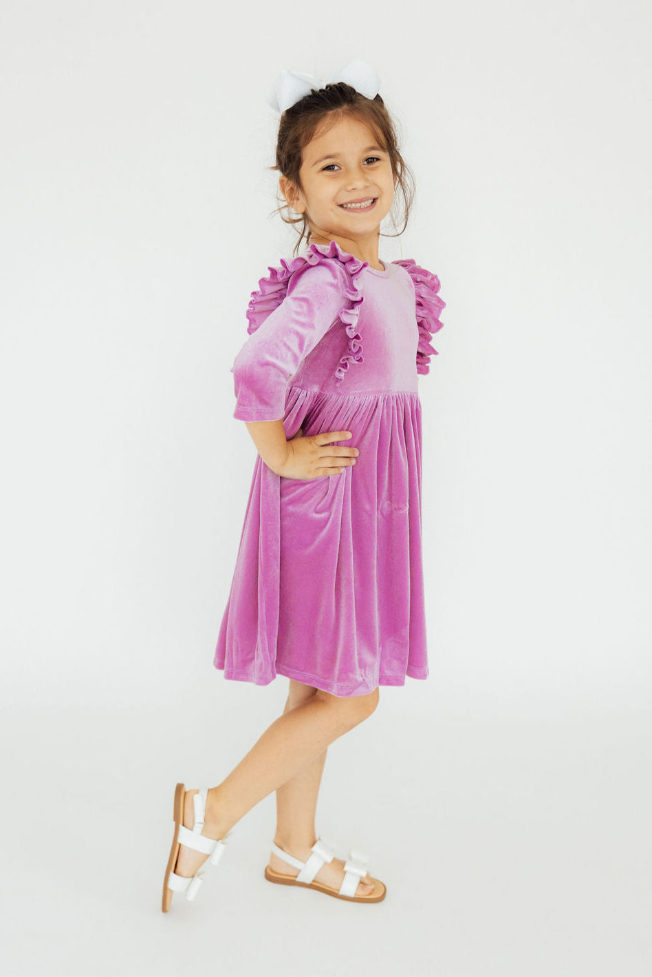 Carnation Pink Velvet Ruffle Twirl Dress 2