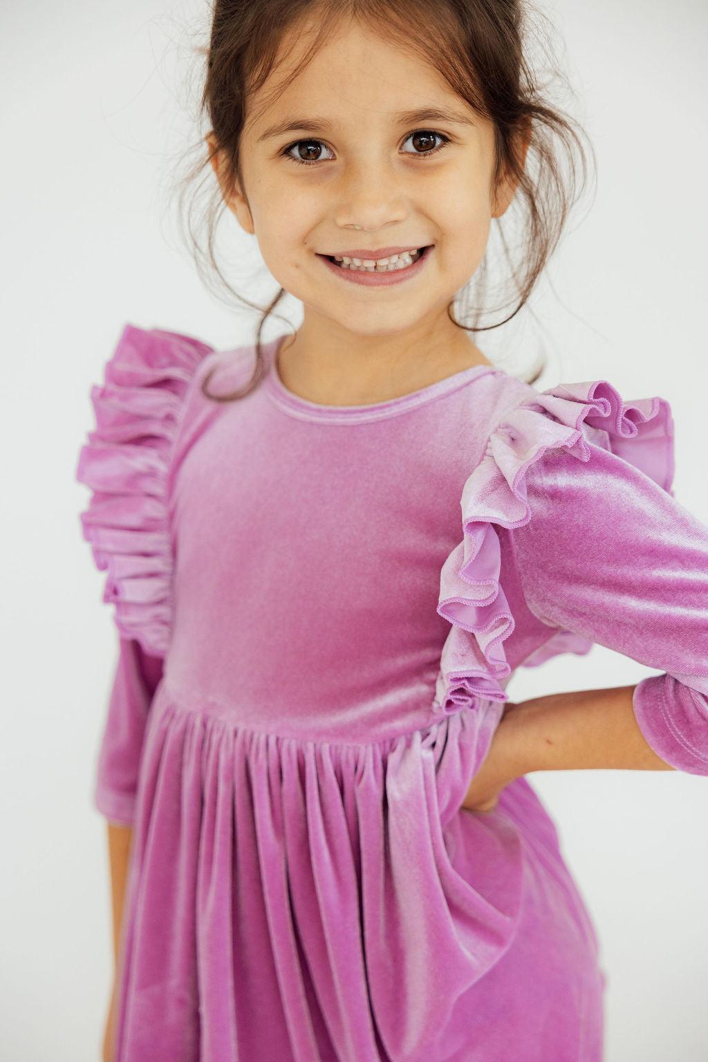 Carnation Pink Velvet Ruffle Twirl Dress 3