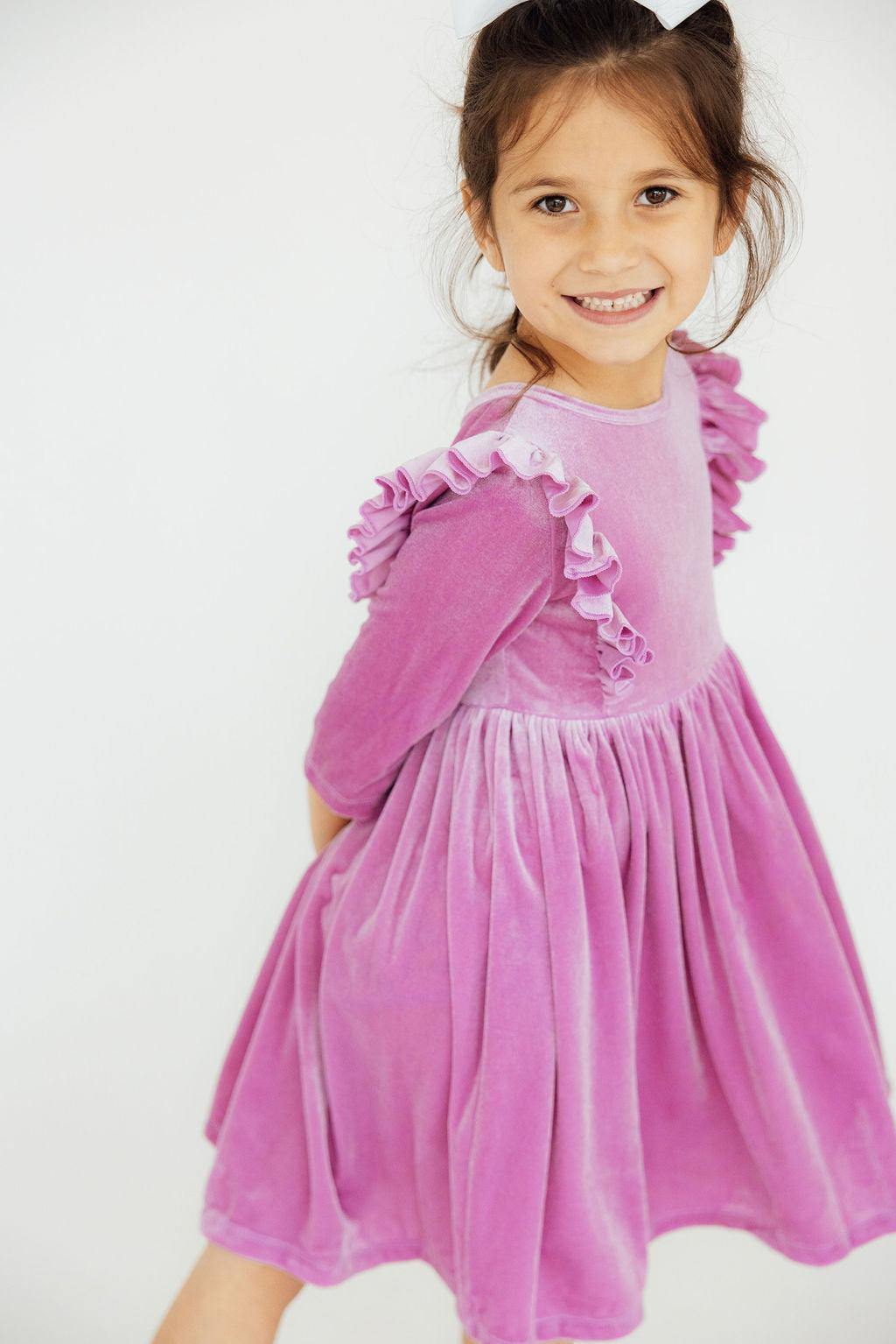 Carnation Pink Velvet Ruffle Twirl Dress 4