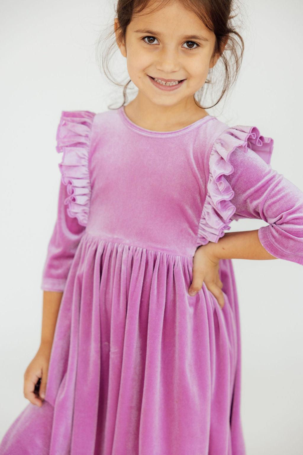 Carnation Pink Velvet Ruffle Twirl Dress 1