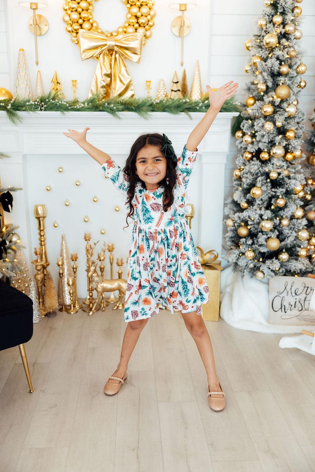 Classic Christmas 3/4 Sleeve Ruffle Twirl Dress 2