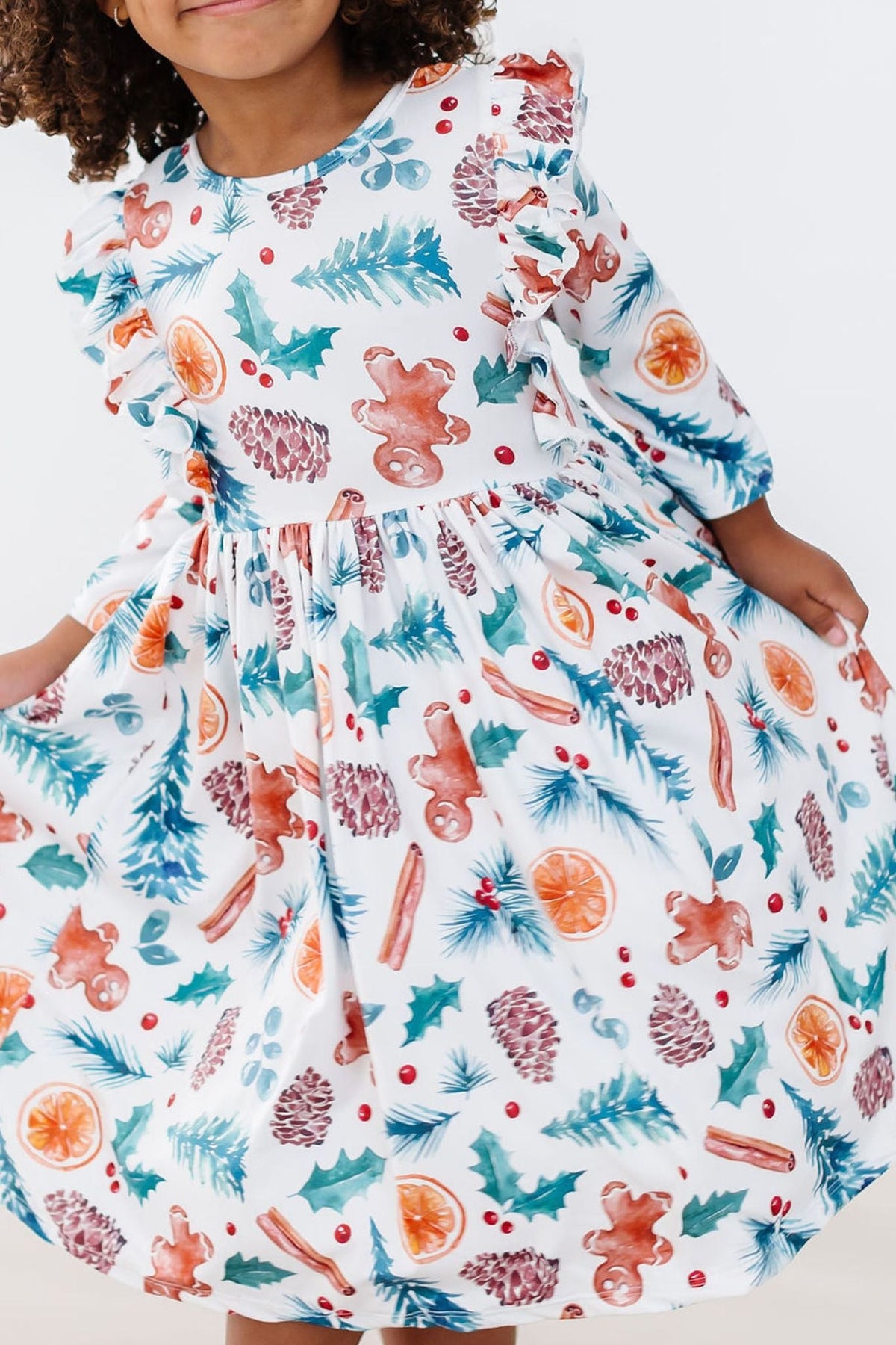 Classic Christmas 3/4 Sleeve Ruffle Twirl Dress 3