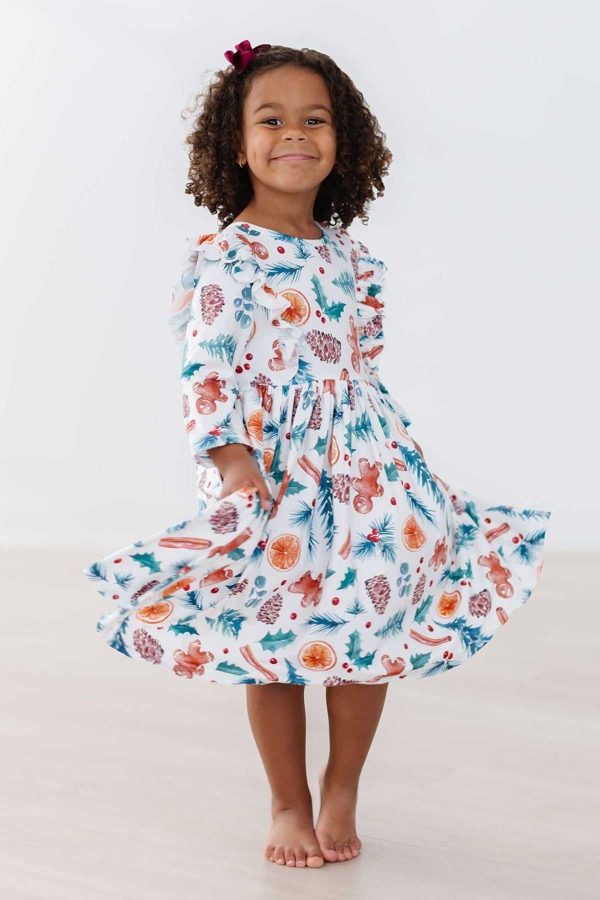 Classic Christmas 3/4 Sleeve Ruffle Twirl Dress 4