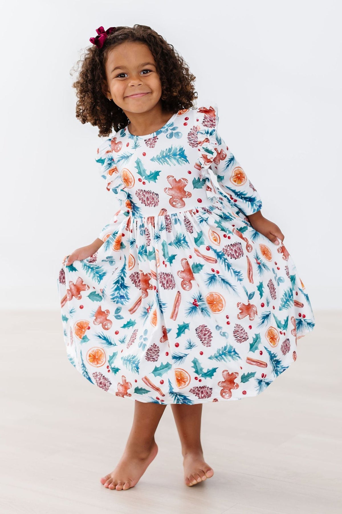 Classic Christmas 3/4 Sleeve Ruffle Twirl Dress 5