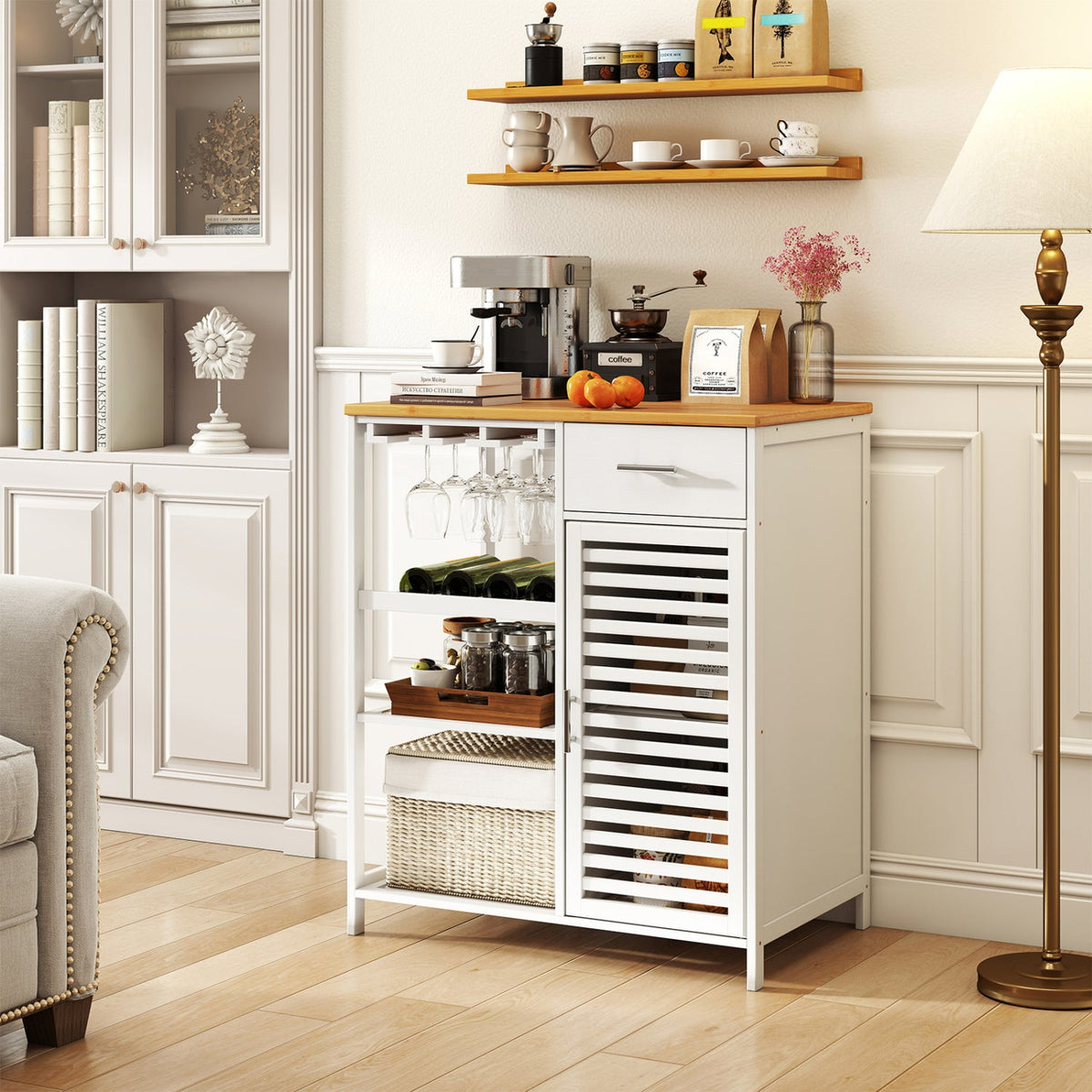 Coffee Bar Cabinet with Wine Rack and Bamboo Top 1