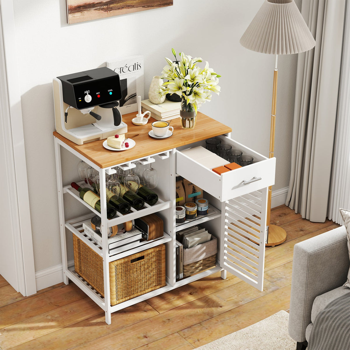 Coffee Bar Cabinet with Wine Rack and Bamboo Top 6