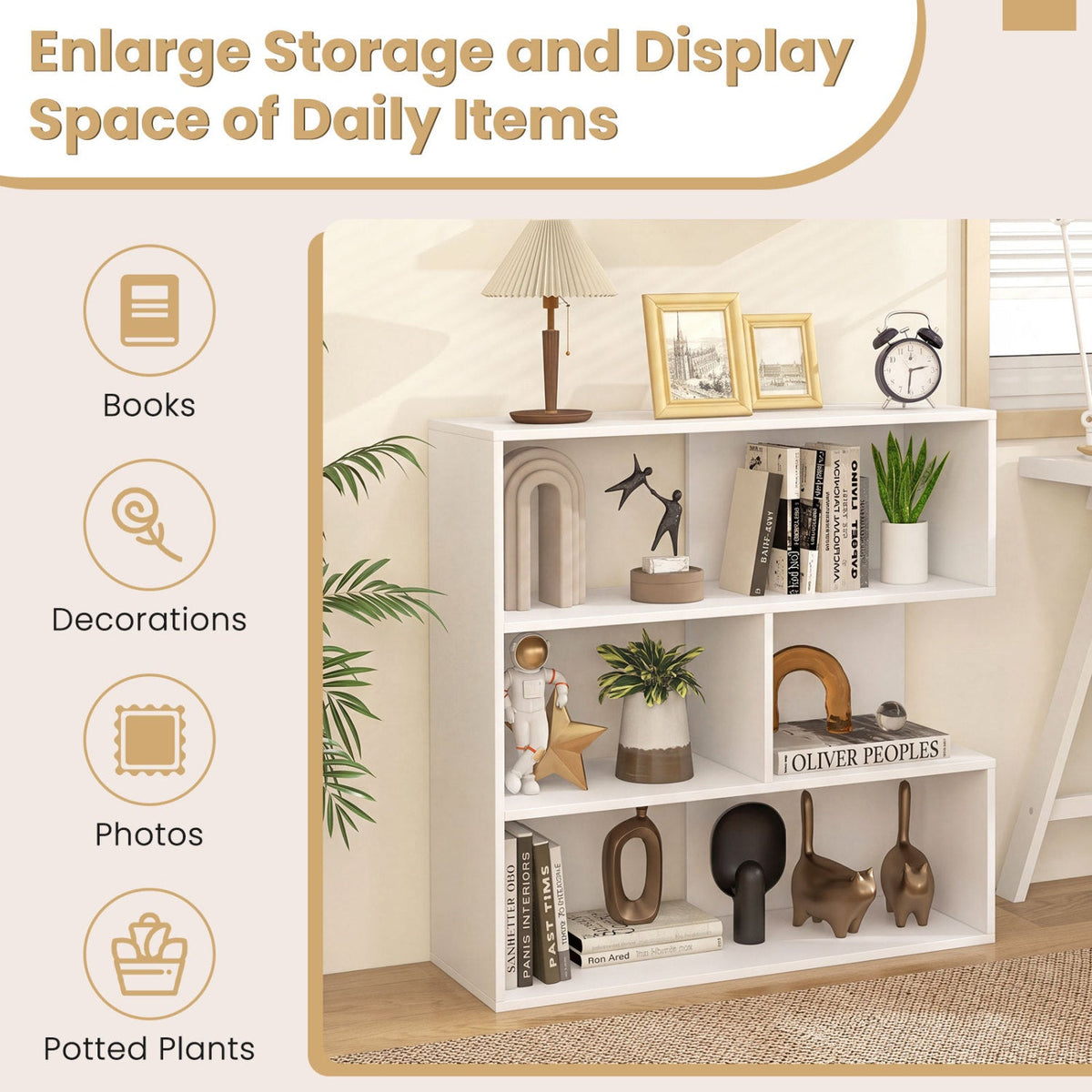 Concave Bookshelf with 3 Open Shelves and Anti-Tip Device 8