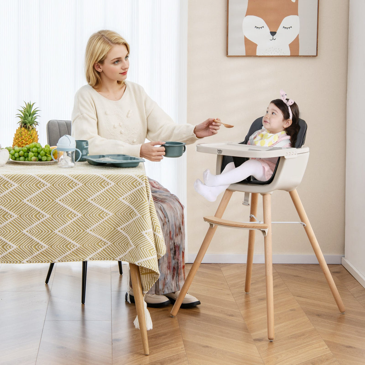 3-in-1 Convertible Wooden High Chair with Cushion 1