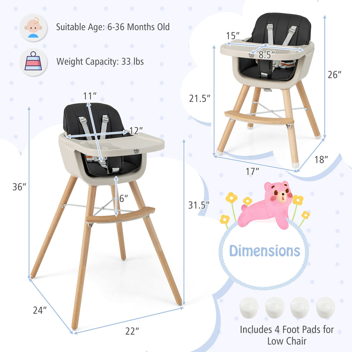 3-in-1 Convertible Wooden High Chair with Cushion 5