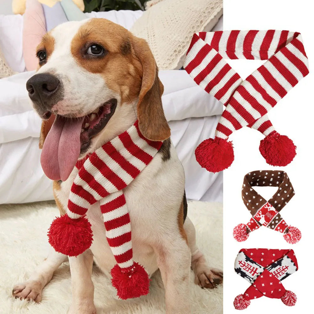 Christmas Dog Scarf Knitted Elk Scarf Striped Hair Ball Pet Scarf Outdoor Winter Warm Cat Dog Scarves Puppy Collar Pet Supplies 1