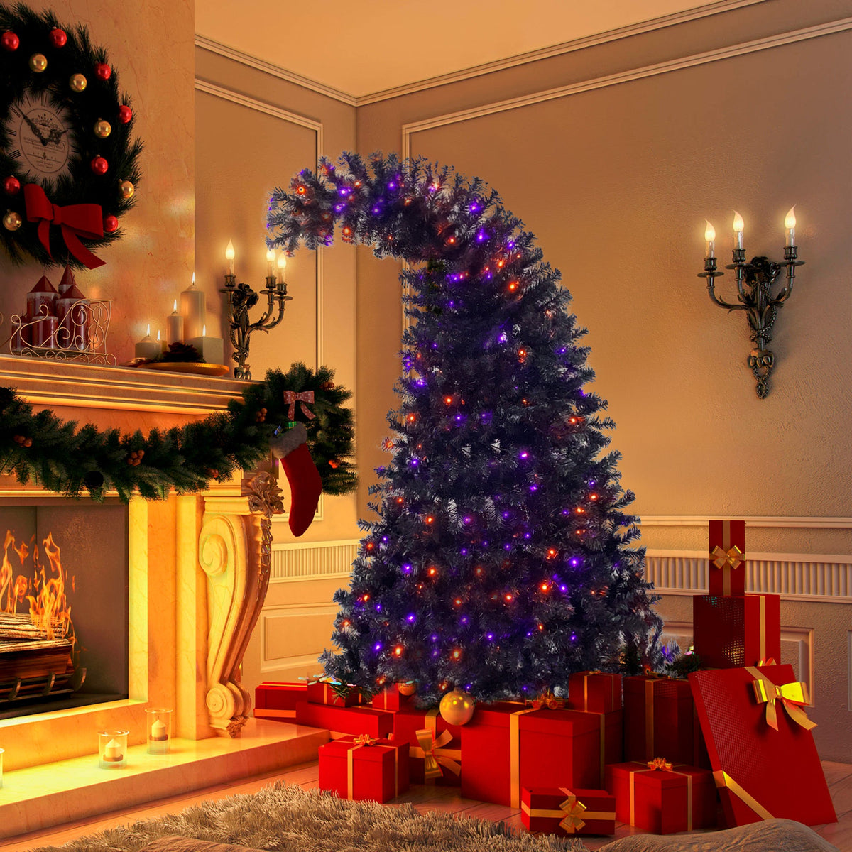 6FT artificial fir curved top Halloween tree, with 1080 lush branch tips and 300 LED lights in a Christmas and Halloween style 3