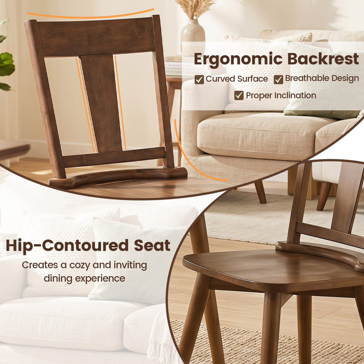 Solid Wood Dining Chairs Set of 4 with Curved Backrest 6