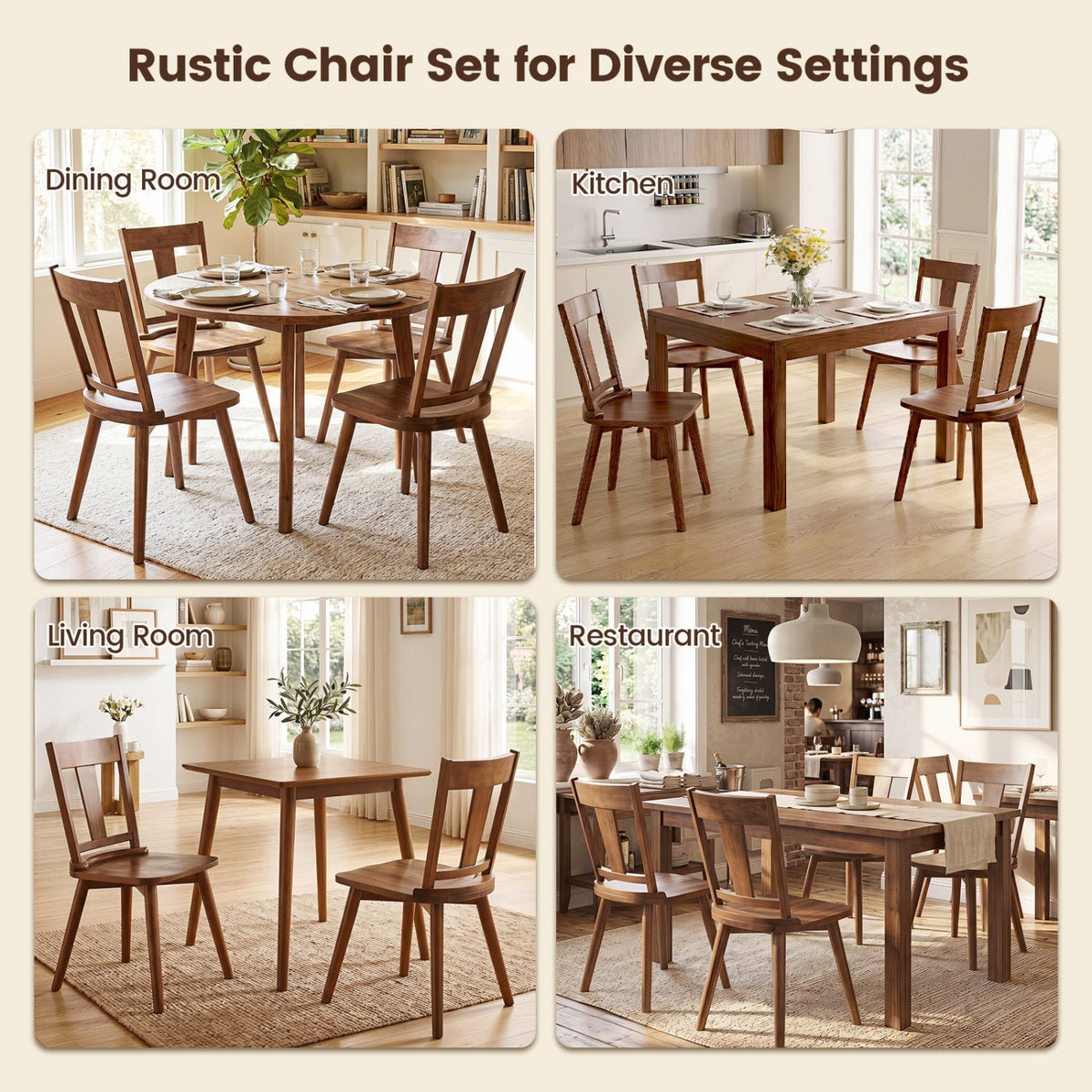 Solid Wood Dining Chairs Set of 4 with Curved Backrest 8