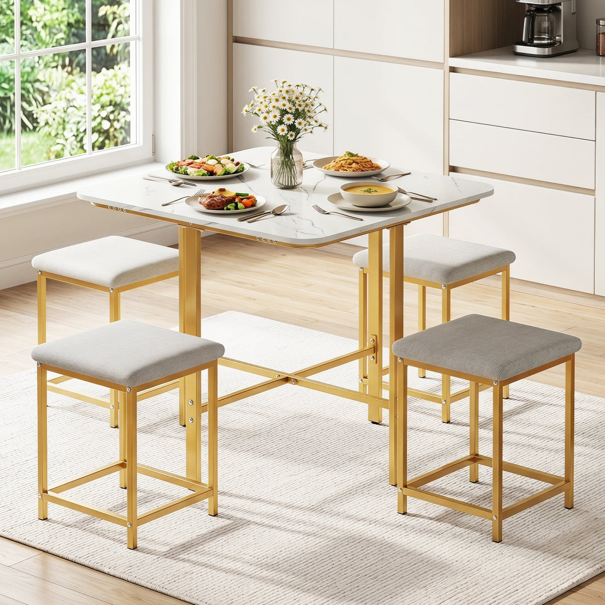 5-Piece Dining Table Set with 4 Upholstered Stools 1