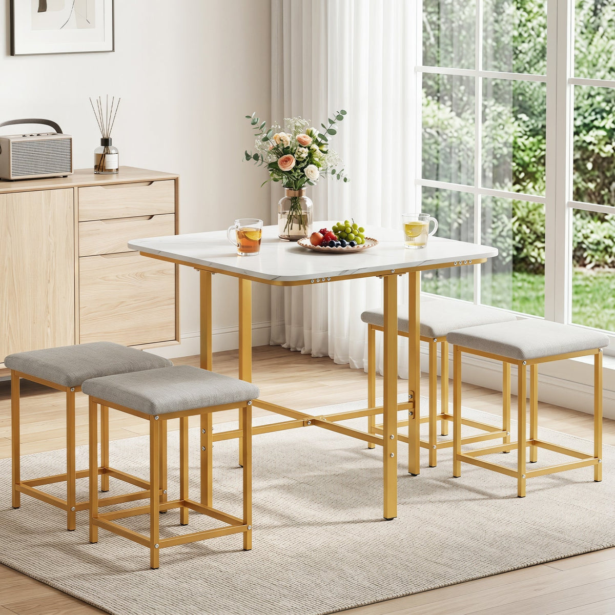5-Piece Dining Table Set with 4 Upholstered Stools 2