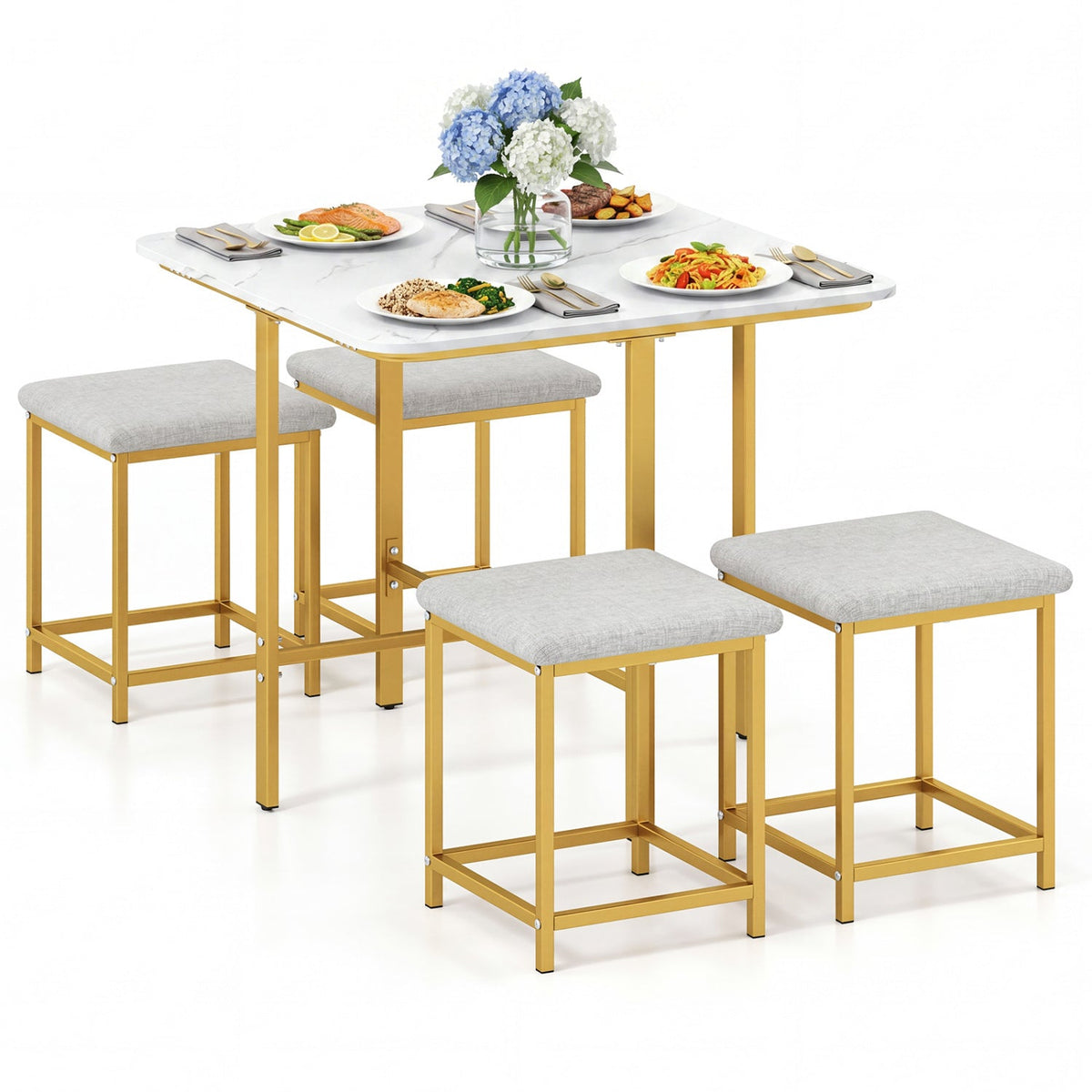 5-Piece Dining Table Set with 4 Upholstered Stools 4