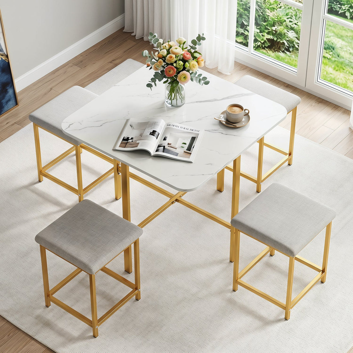 5-Piece Dining Table Set with 4 Upholstered Stools 6