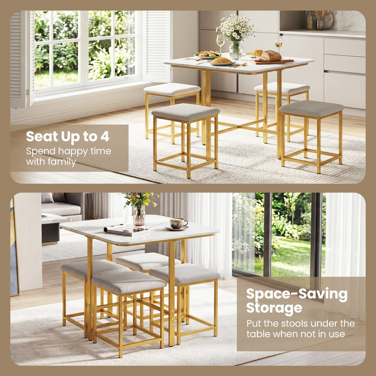 5-Piece Dining Table Set with 4 Upholstered Stools 7