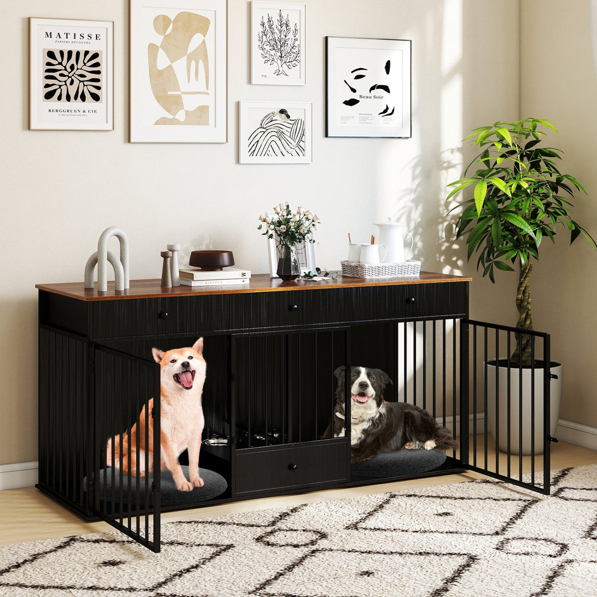 Dog Crate Furniture Indoor Modern Dog Kennel with Divider 3 Drawers and Pull-out Feeder 3
